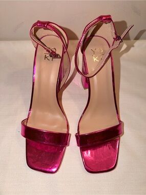 Pink Metallic Ankle-Strap Block Heel Sandals